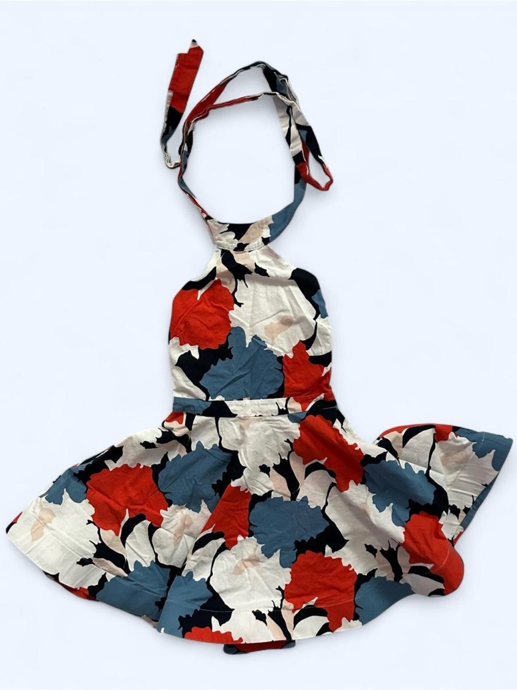 Luxxel Abstract Backless Halter Dress In Red White Blue Size Small Cotton Linen